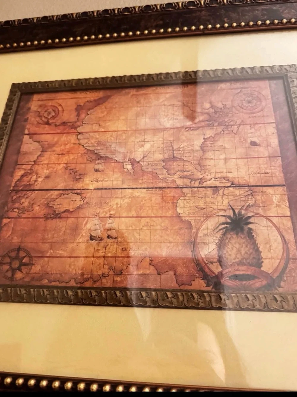 Framed Vintage Map Wall Art in Brown and Cream